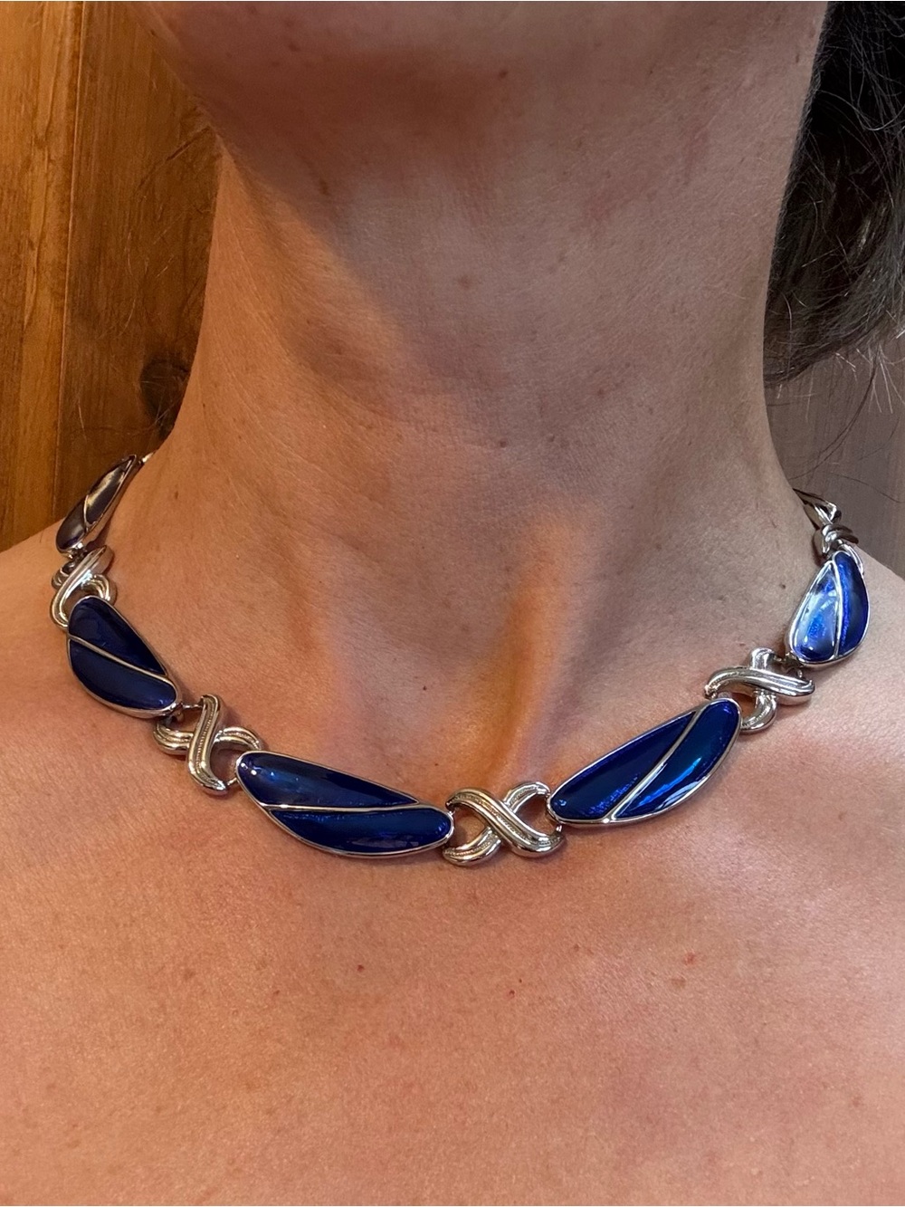 Silver-Tone Necklace with Deep Blue Enamel Accents